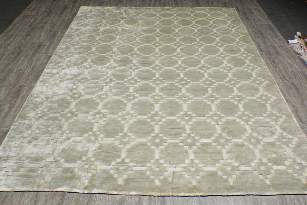 8 x 10 Contemporary Handmade Rug One Color Light Green Bambo Silk Raised Carved Pile #F-3353
