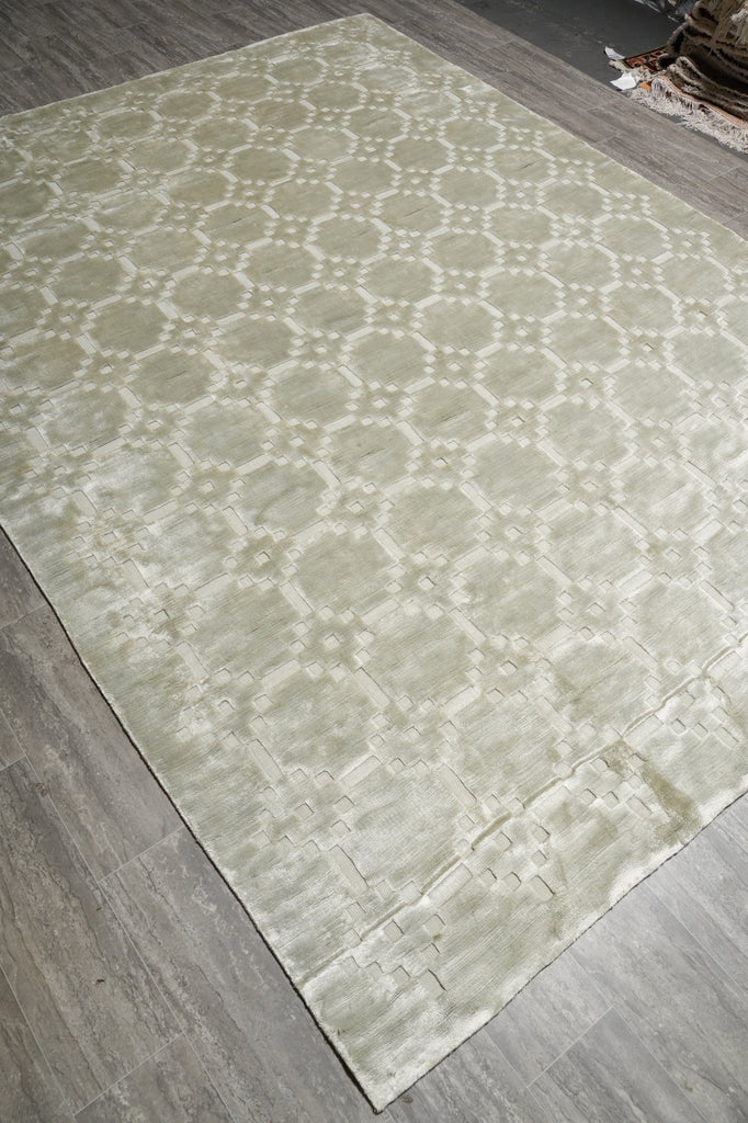 8 x 10 Contemporary Handmade Rug One Color Light Green Bambo Silk Raised Carved Pile #F-3353