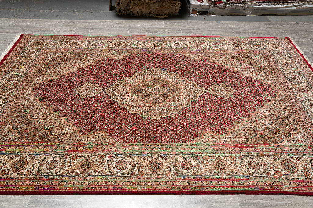 6.8 x 9.8 Rich Ruby Red Wool and Silk Quality Handmade Tabriz Mahi Carpet #PIX-25767