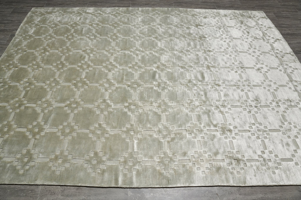 8 x 10 Contemporary Handmade Rug One Color Light Green Bambo Silk Raised Carved Pile #F-3353