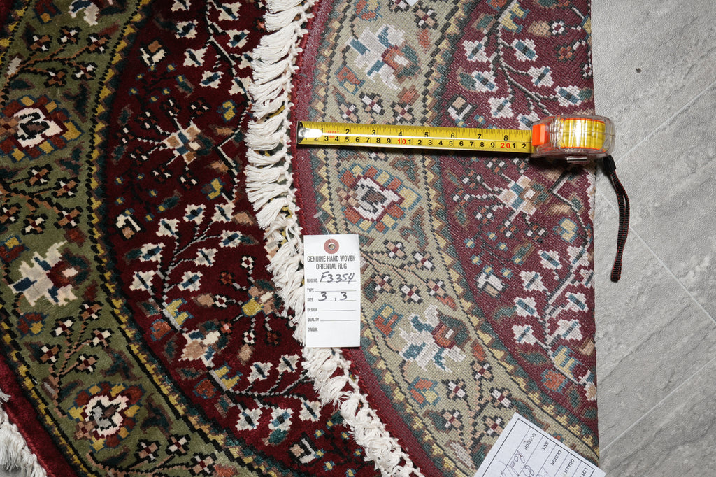 3 x 3 Feet Round Handmade Rug Burgundy Green Bamboo Silk #F-3354