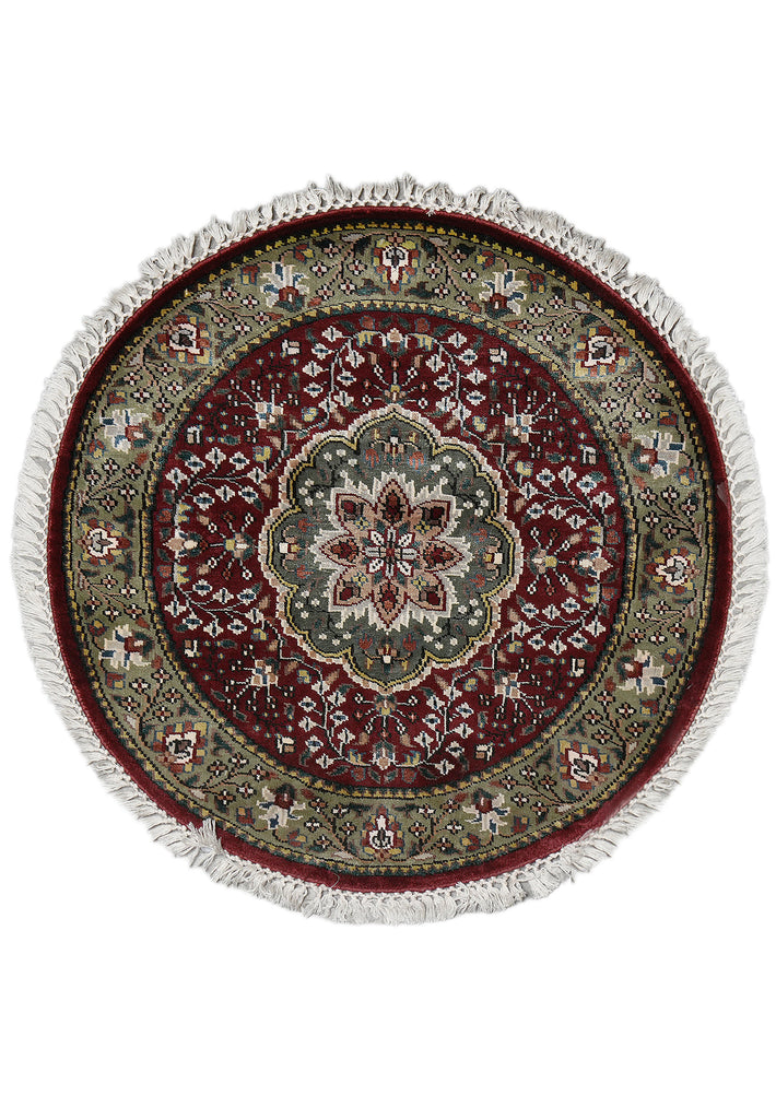 3 x 3 Feet Round Handmade Rug Burgundy Green Bamboo Silk #F-3354