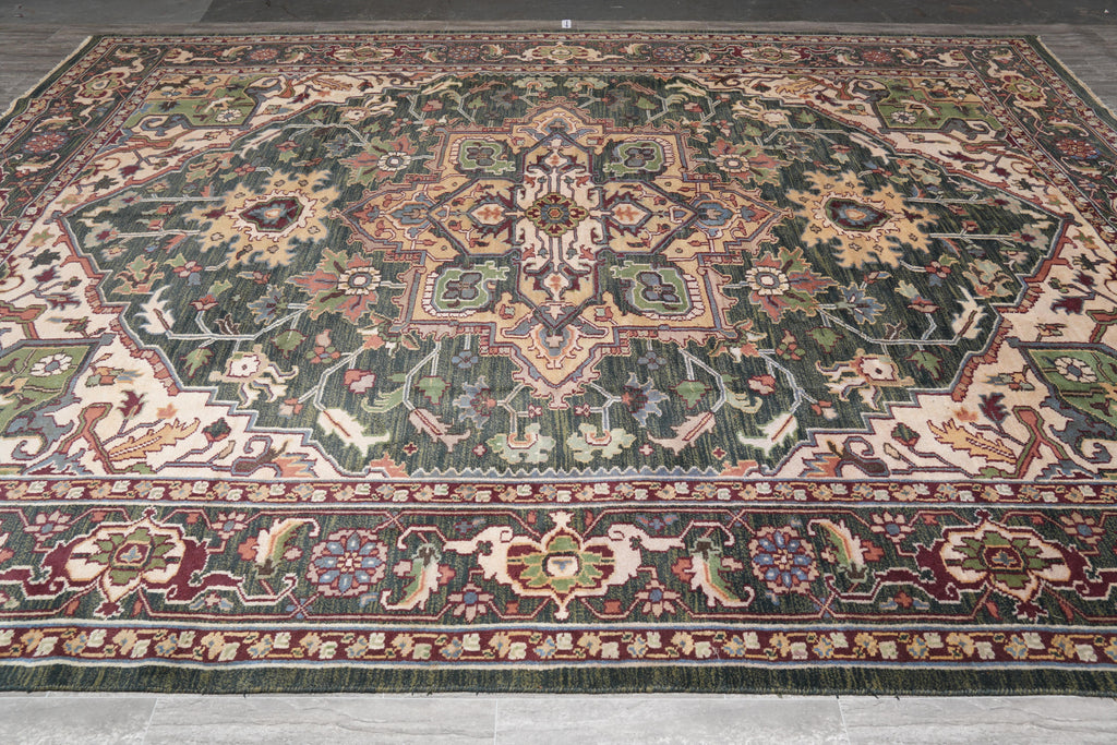 10.9 x 14.1 New Handmade Serapi Heriz Rug Green #F-4149