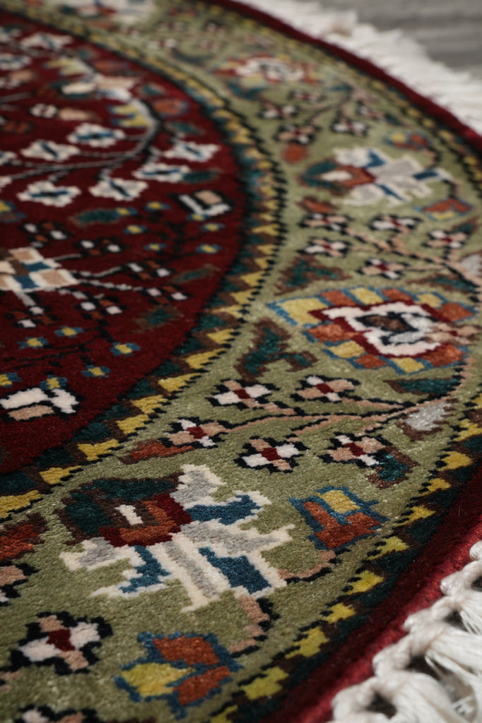 3 x 3 Feet Round Handmade Rug Burgundy Green Bamboo Silk #F-3354