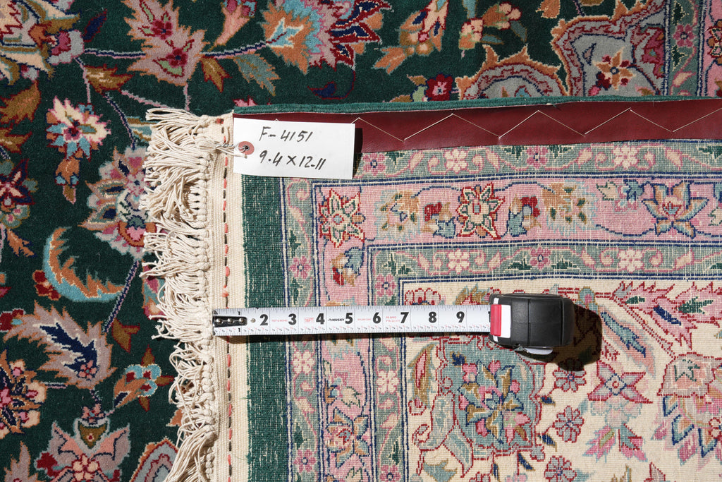 9.4 x 13 Forest Green Fine Weave Handmade Rug Wool and Silk #F-4151