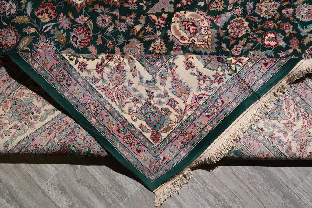 9.4 x 13 Forest Green Fine Weave Handmade Rug Wool and Silk #F-4151