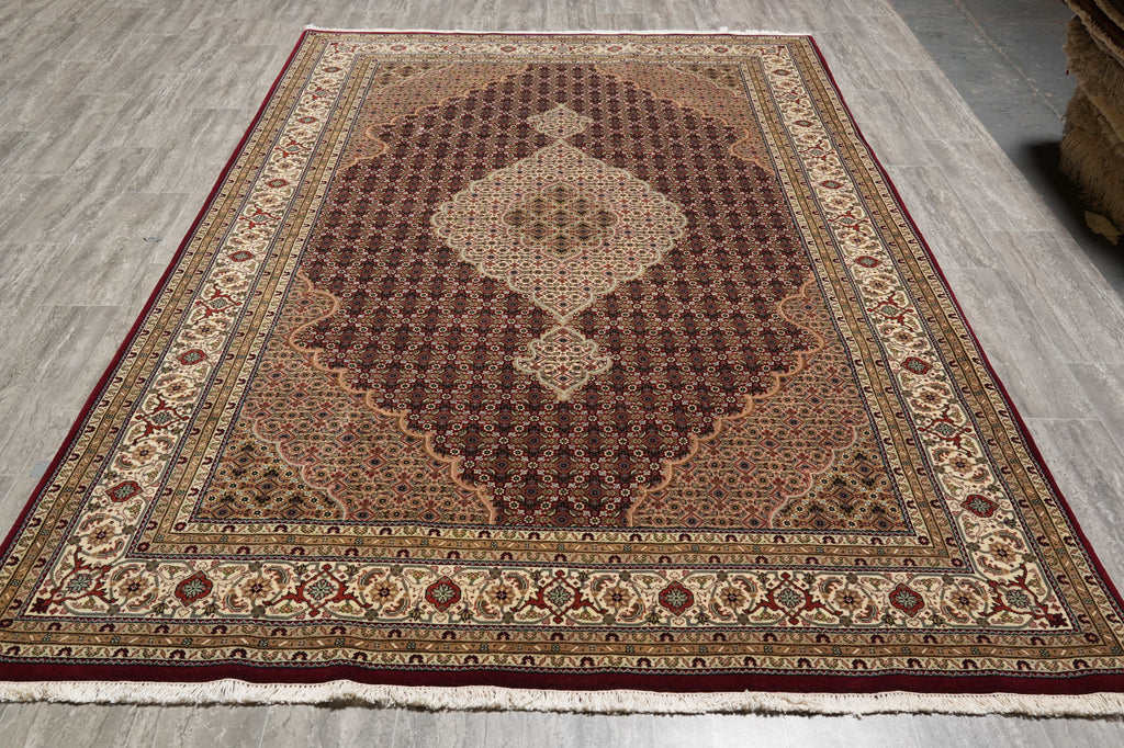 6.6 x 9.10 High Quality Handmade Wool and Silk Tabriz Mahi Herati Rug Ruby Burgundy #PIX-28994