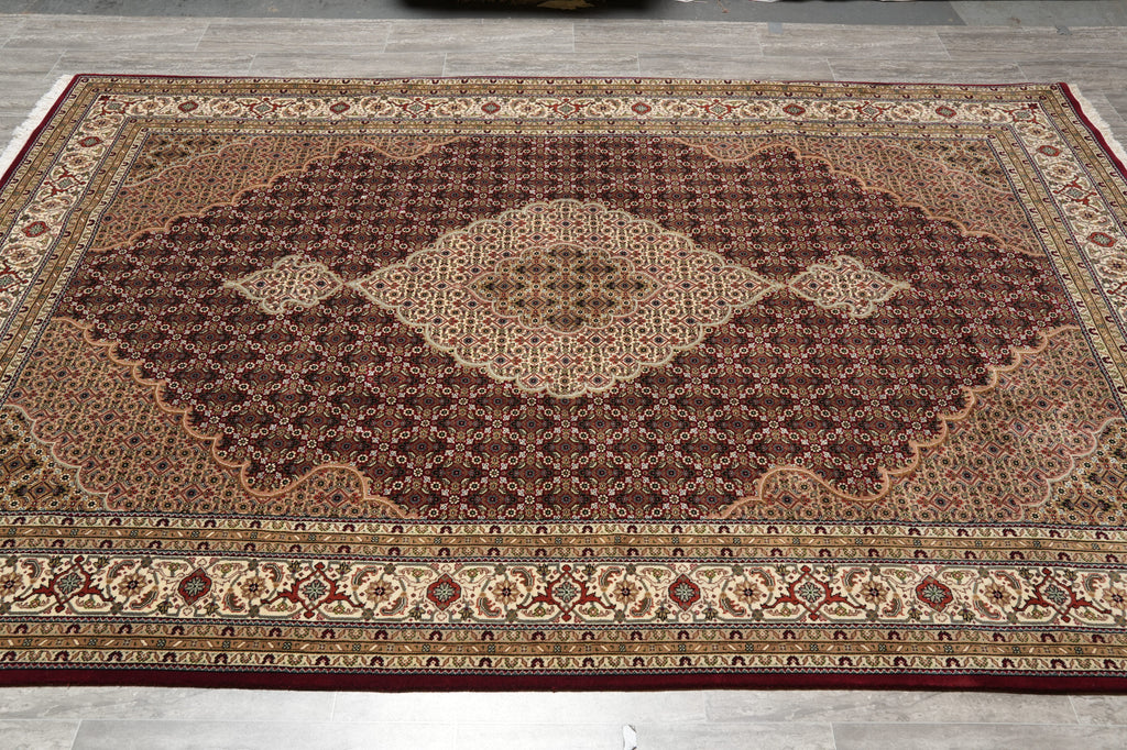 6.6 x 9.10 High Quality Handmade Wool and Silk Tabriz Mahi Herati Rug Ruby Burgundy #PIX-28994