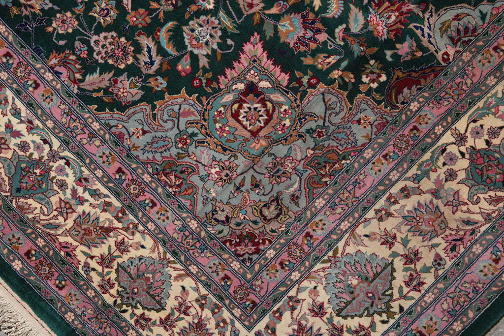 9.4 x 13 Forest Green Fine Weave Handmade Rug Wool and Silk #F-4151