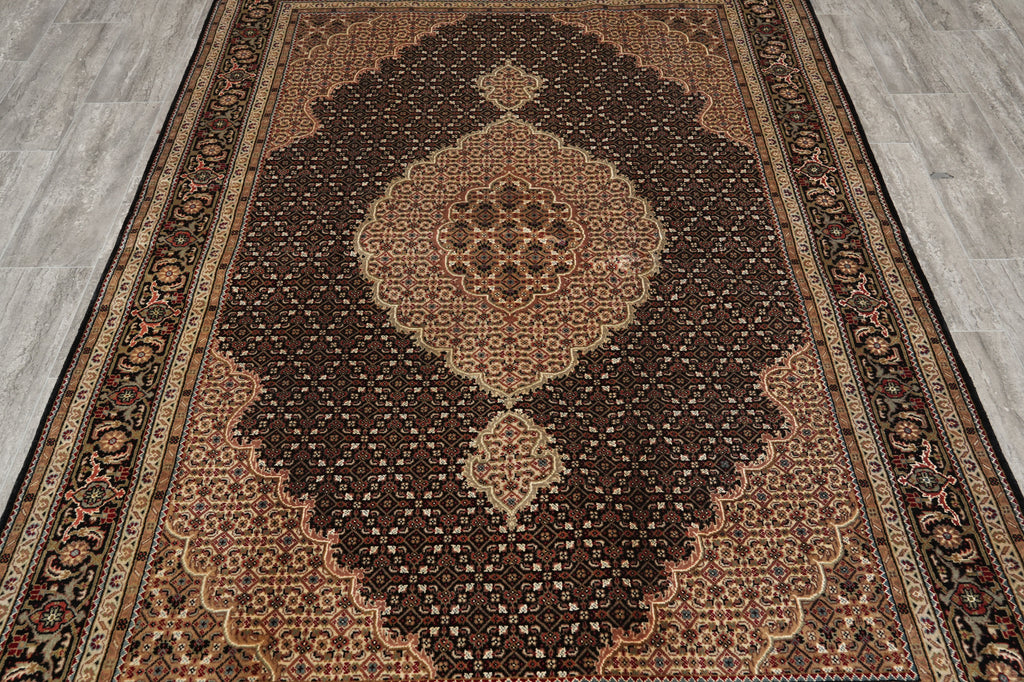 5.5 x 8 Black Tabriz Mahi Wool and Silk Handmade Rug #F-4454