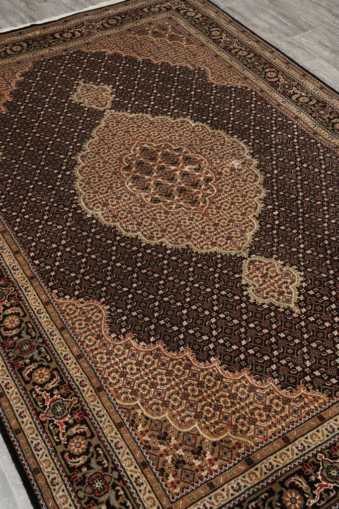 5.5 x 8 Black Tabriz Mahi Wool and Silk Handmade Rug #F-4454