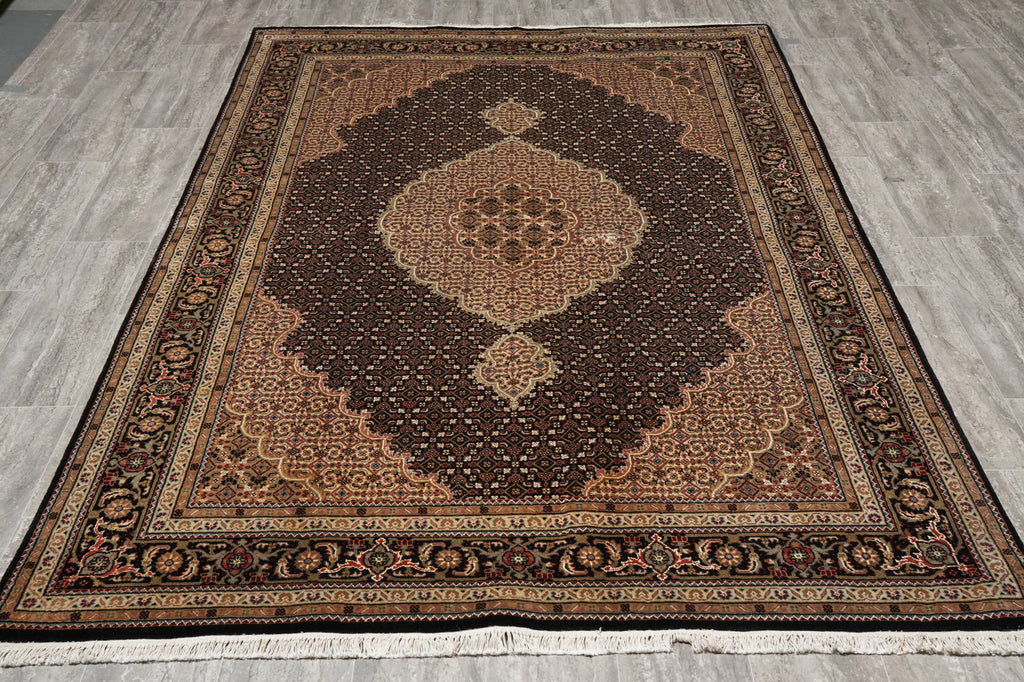 5.5 x 8 Black Tabriz Mahi Wool and Silk Handmade Rug #F-4454