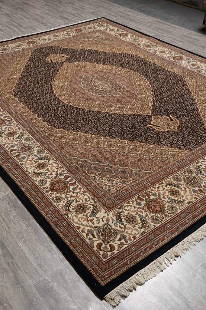 8.2 x 10.3 Black Mahi Tabriz Wool and Silk Handmade Area Rug #F-4455