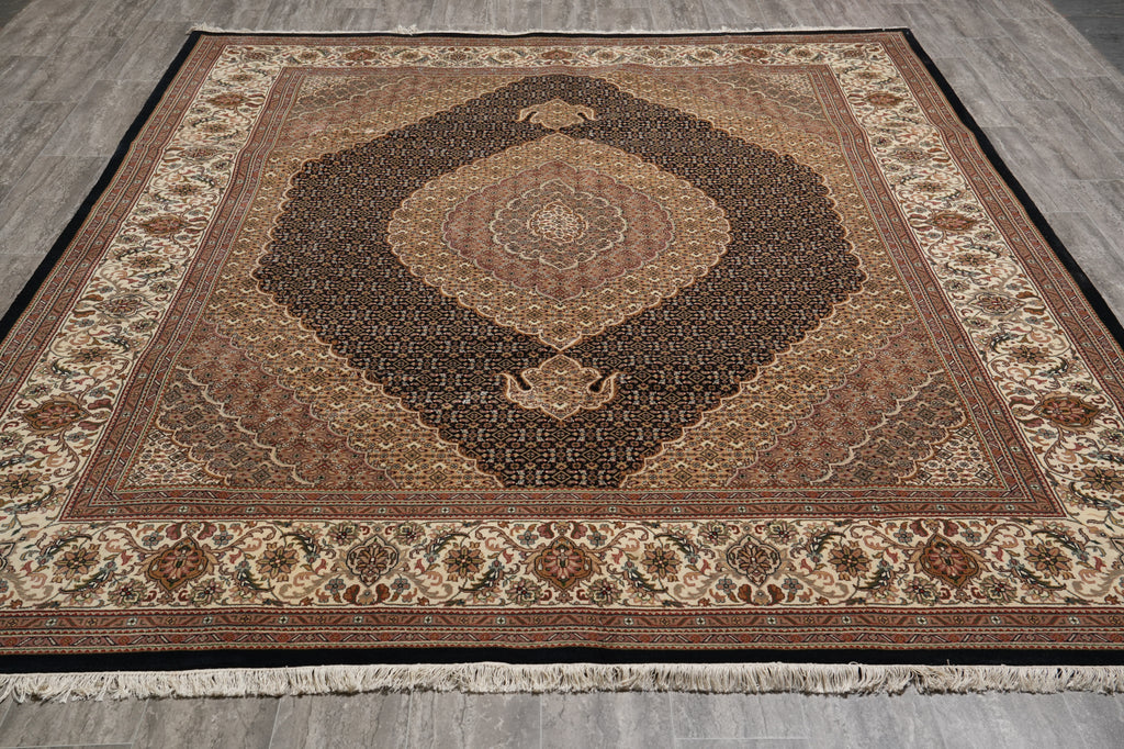 8.2 x 10.3 Black Mahi Tabriz Wool and Silk Handmade Area Rug #F-4455