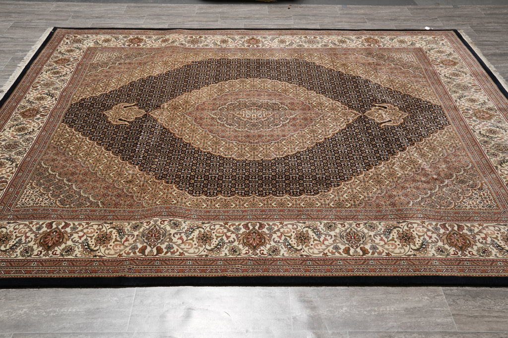 8.2 x 10.3 Black Mahi Tabriz Wool and Silk Handmade Area Rug #F-4455