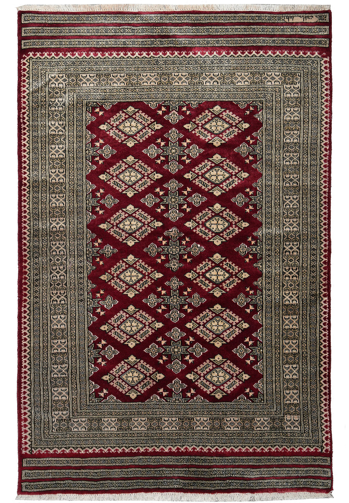 4 x 6 New Hand-Knotted Jaldar Bokhara Rug Burgundy Green #B-75601