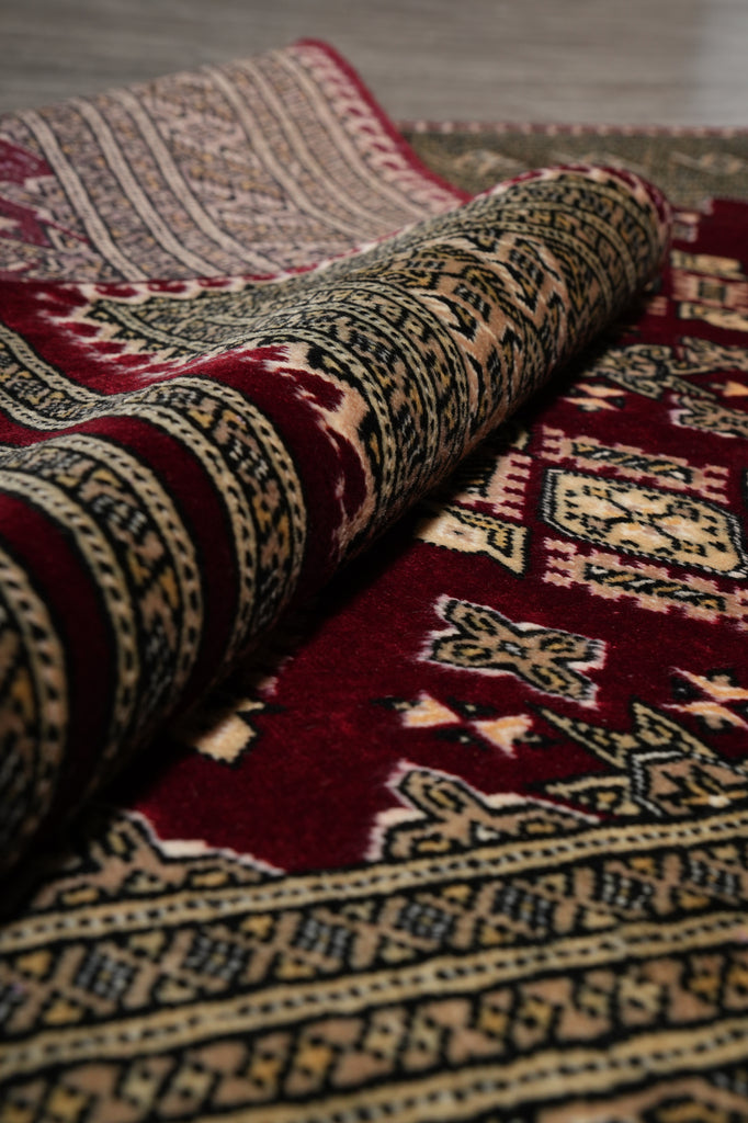 4 x 6 New Hand-Knotted Jaldar Bokhara Rug Burgundy Green #B-75601