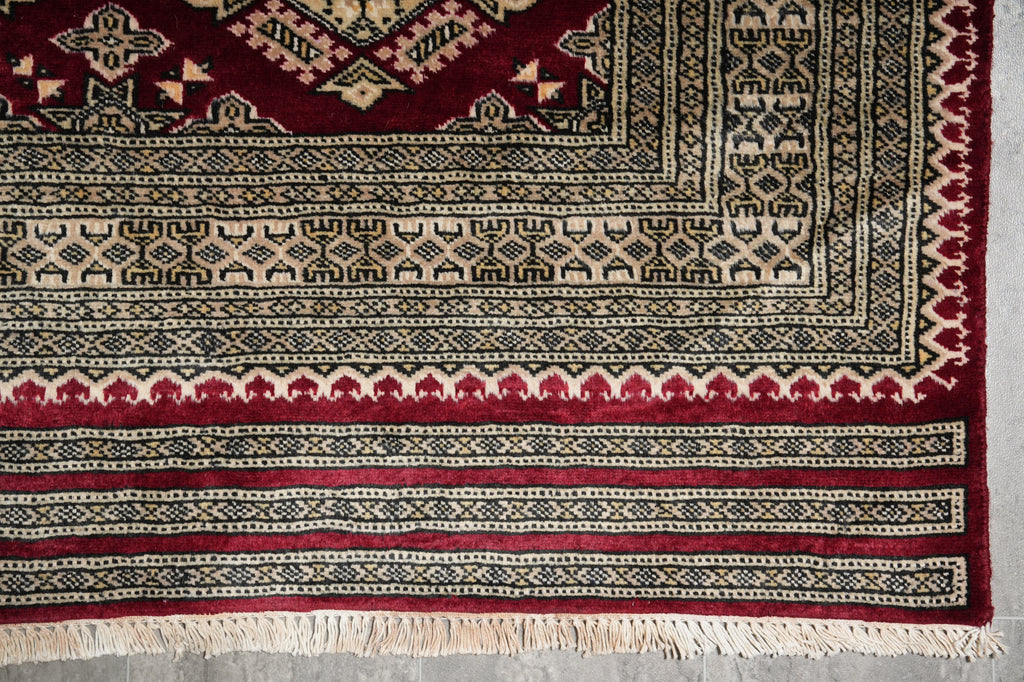 4 x 6 New Hand-Knotted Jaldar Bokhara Rug Burgundy Green #B-75601