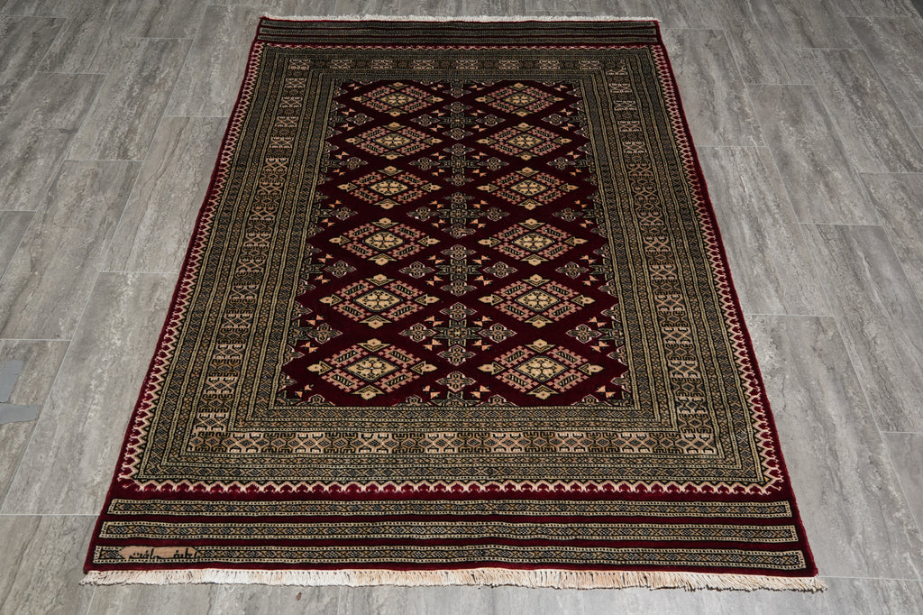 4 x 6 New Hand-Knotted Jaldar Bokhara Rug Burgundy Green #B-75601