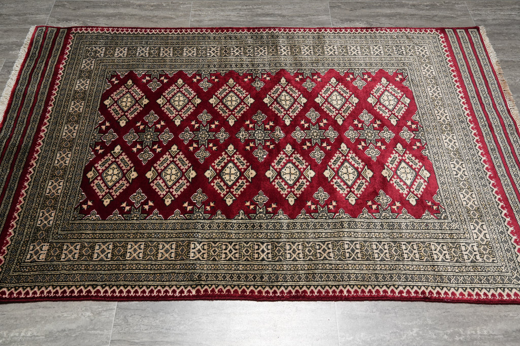 4 x 6 New Hand-Knotted Jaldar Bokhara Rug Burgundy Green #B-75601
