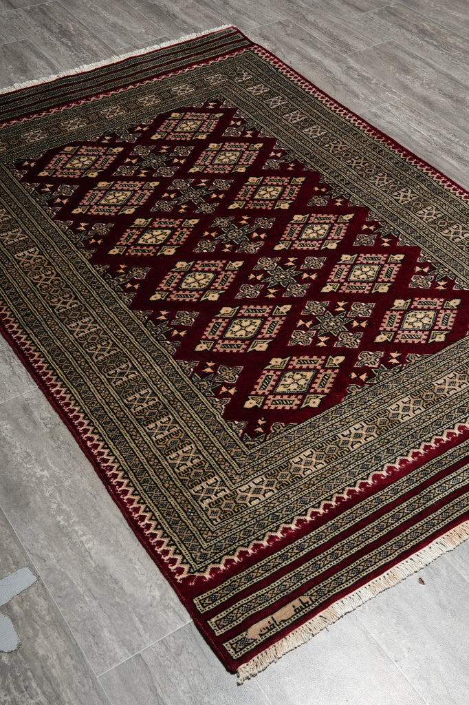 4 x 6 New Hand-Knotted Jaldar Bokhara Rug Burgundy Green #B-75601
