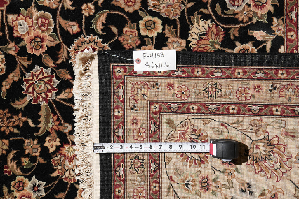 8.6 x 11.6 Fine Wool and Silk Handmade Tabriz Rug Black #F-4158