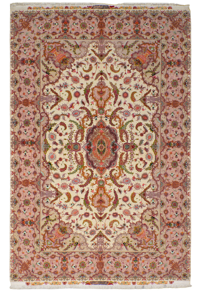 6.7 x 10.3 Persian Tabriz rug hand-knotted in Iran, wool and silk pile, ivory field with pink, coral, and burgundy medallion design
