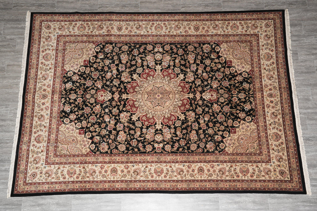 8.6 x 11.6 Fine Wool and Silk Handmade Tabriz Rug Black #F-4158