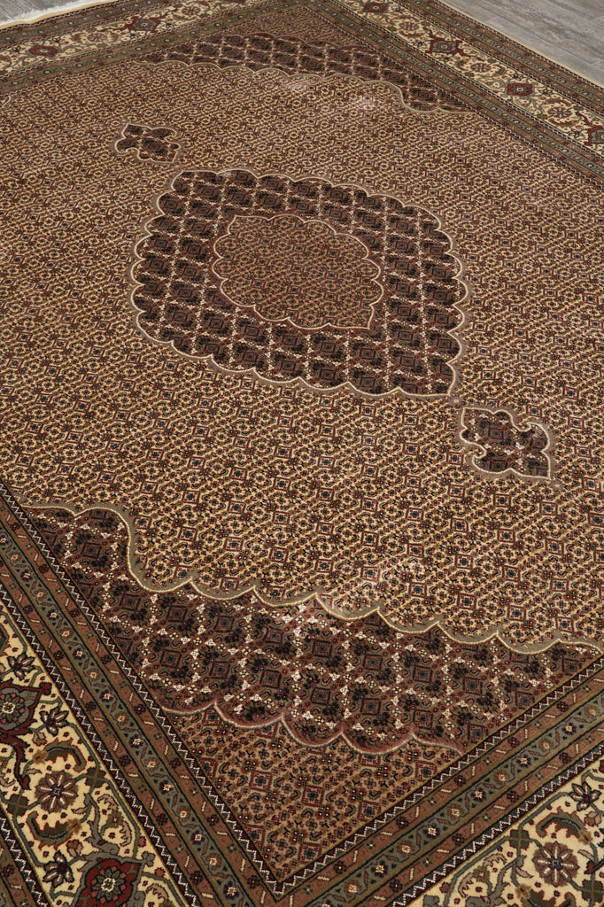 8 x 10 Beige Quality Wool And Silk Handmade Tabriz Mahi Area Rug #F-4457