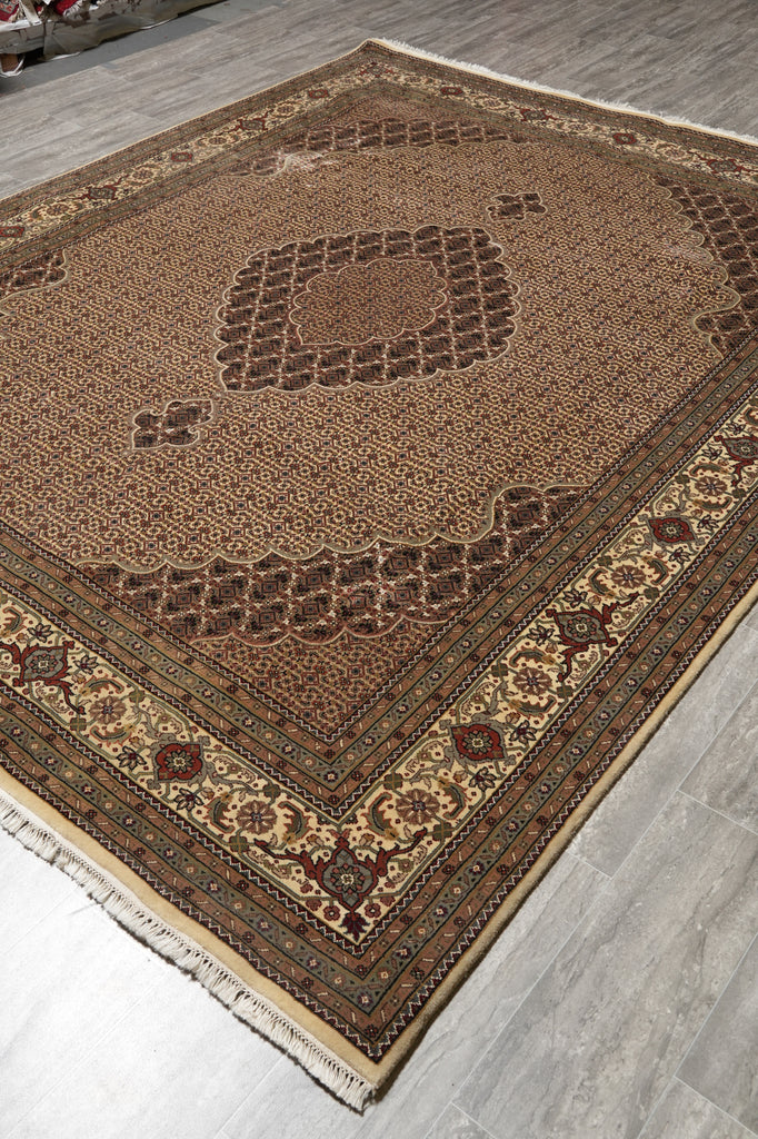 8 x 10 Beige Quality Wool And Silk Handmade Tabriz Mahi Area Rug #F-4457