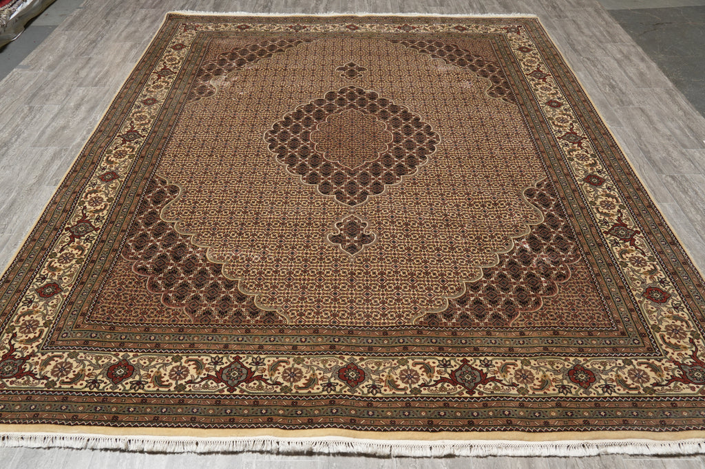 8 x 10 Beige Quality Wool And Silk Handmade Tabriz Mahi Area Rug #F-4457