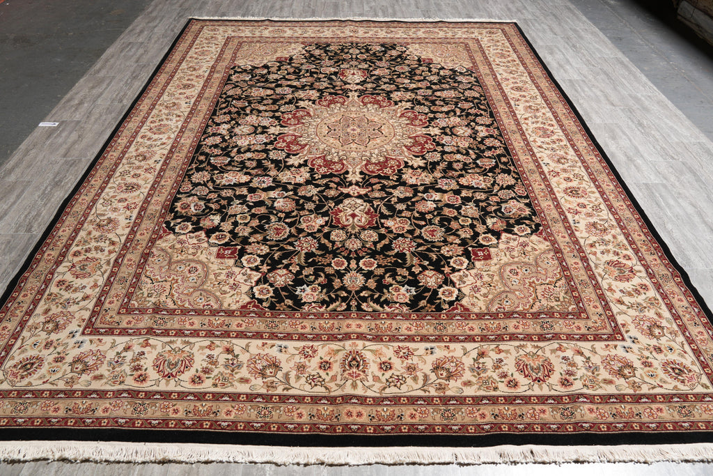 8.6 x 11.6 Fine Wool and Silk Handmade Tabriz Rug Black #F-4158