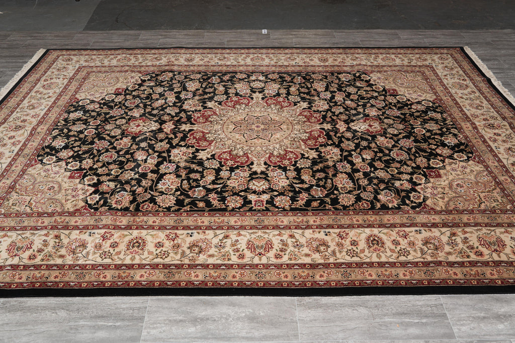 8.6 x 11.6 Fine Wool and Silk Handmade Tabriz Rug Black #F-4158