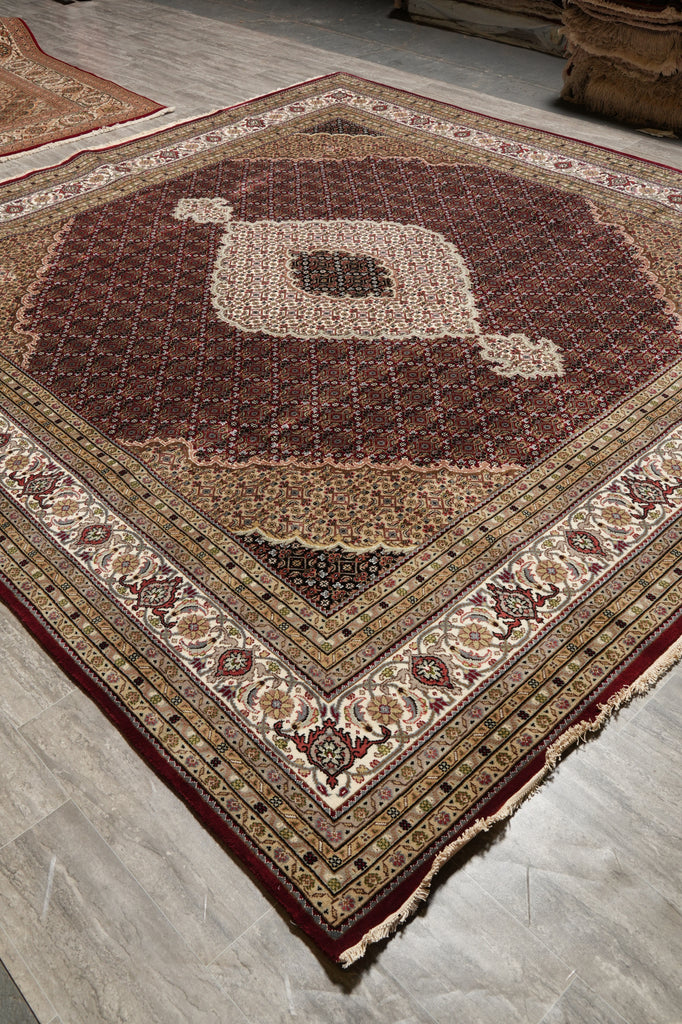 10 x 10.3 Feet Square High Quality Handmade Arear Rug Wool And Silk Tabriz Mahi Carpet Rich Ruby #F-4459