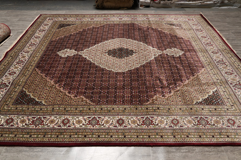 10 x 10.3 Feet Square High Quality Handmade Arear Rug Wool And Silk Tabriz Mahi Carpet Rich Ruby #F-4459