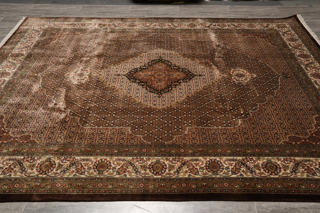 8 x 10 Dark Chocolate Brown Quality Handmade Area Rug Tabriz Mahi Wool and Silk #F-4460