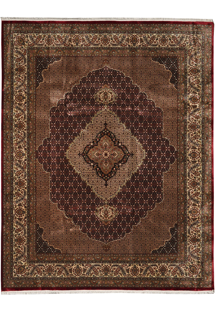 8.1 x 10.1 Ruby Burgundy Wool and Silk Tabriz Mahi High Quality Handmade Area Rug #F-4464