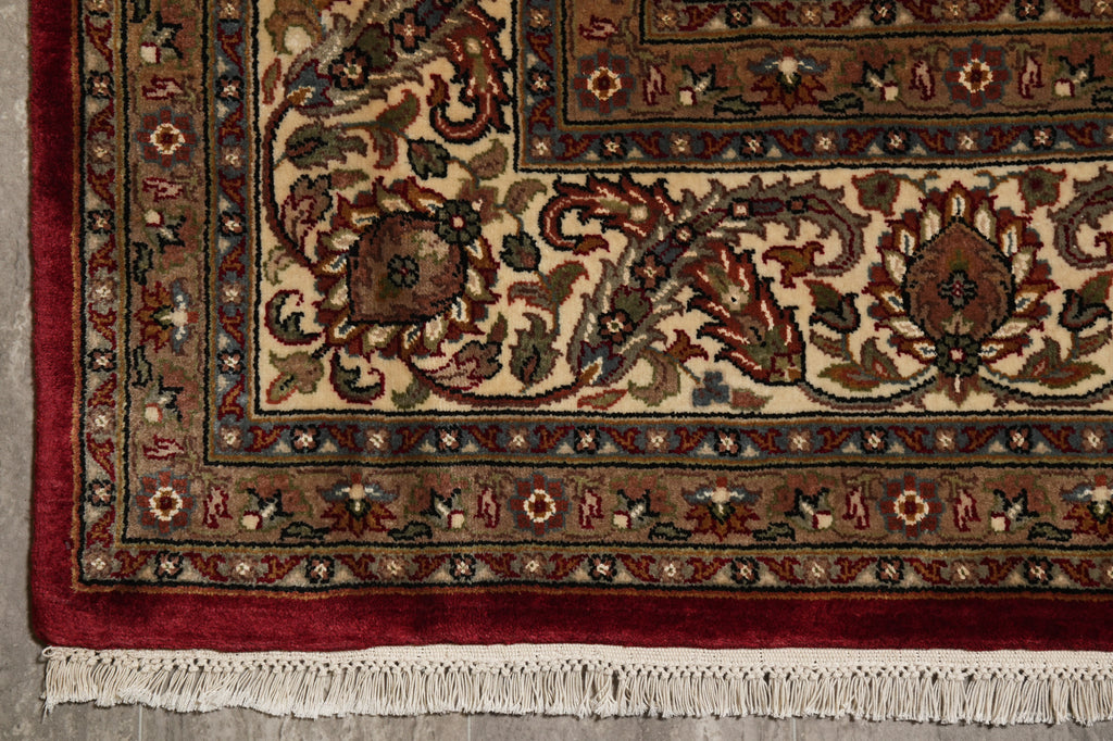 8.1 x 10.1 Ruby Burgundy Wool and Silk Tabriz Mahi High Quality Handmade Area Rug #F-4464