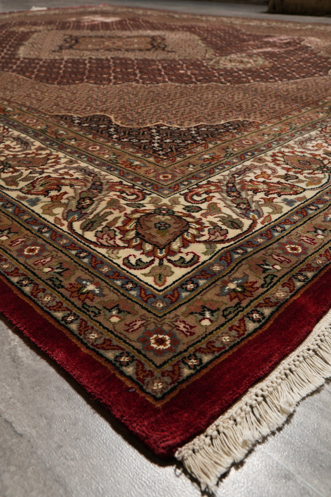 8.1 x 10.1 Ruby Burgundy Wool and Silk Tabriz Mahi High Quality Handmade Area Rug #F-4464