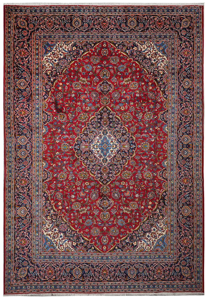 10 x 13 Persian Hand-Knotted Kashan Rug Red Blue Traditional #F-3116