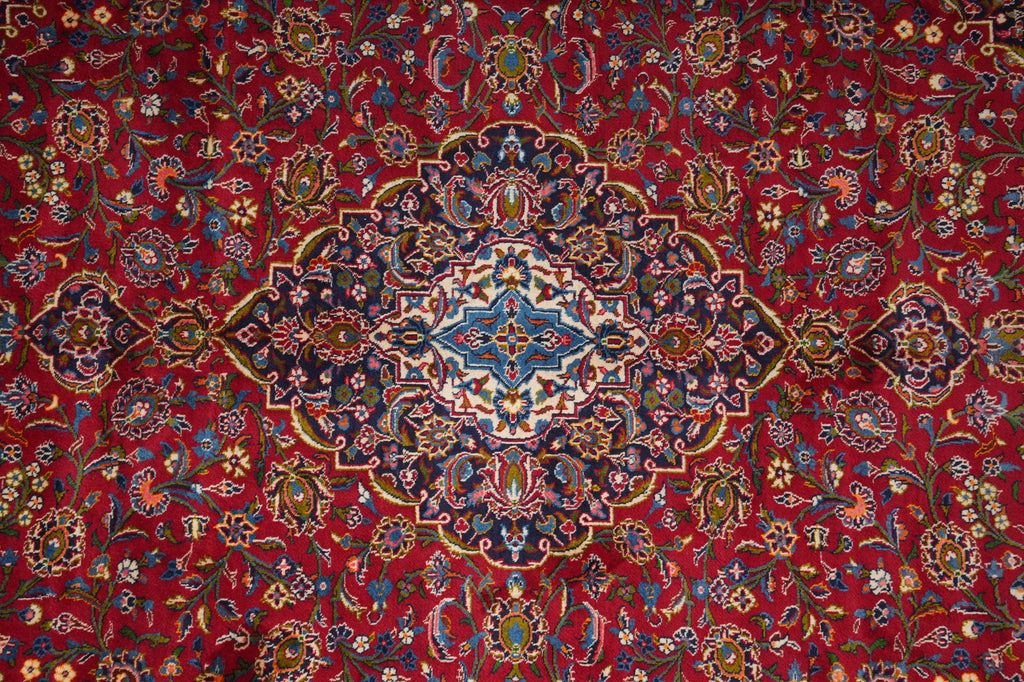 10 x 13 Persian Hand-Knotted Kashan Rug Red Blue Traditional #F-3116
