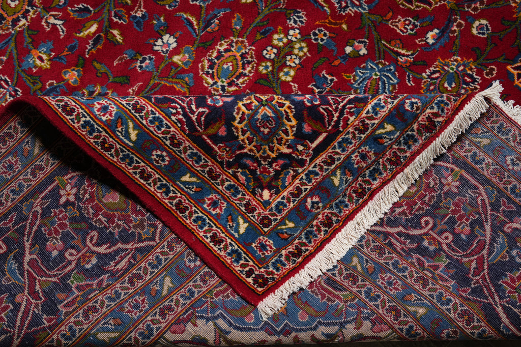 10 x 13 Persian Hand-Knotted Kashan Rug Red Blue Traditional #F-3116