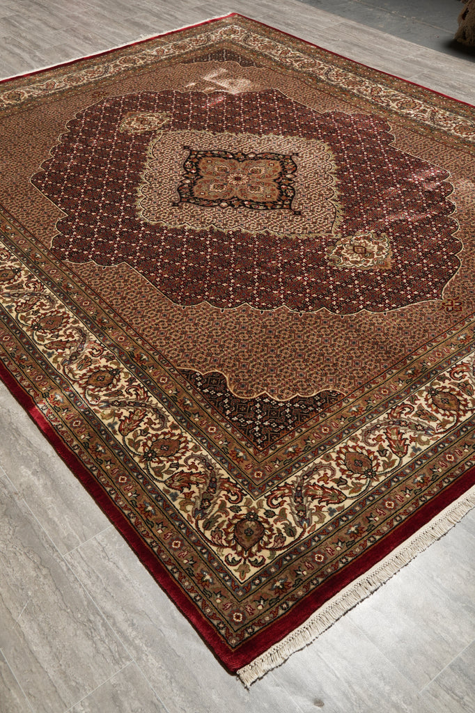 8.1 x 10.1 Ruby Burgundy Wool and Silk Tabriz Mahi High Quality Handmade Area Rug #F-4464