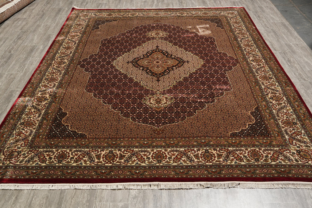 8.1 x 10.1 Ruby Burgundy Wool and Silk Tabriz Mahi High Quality Handmade Area Rug #F-4464