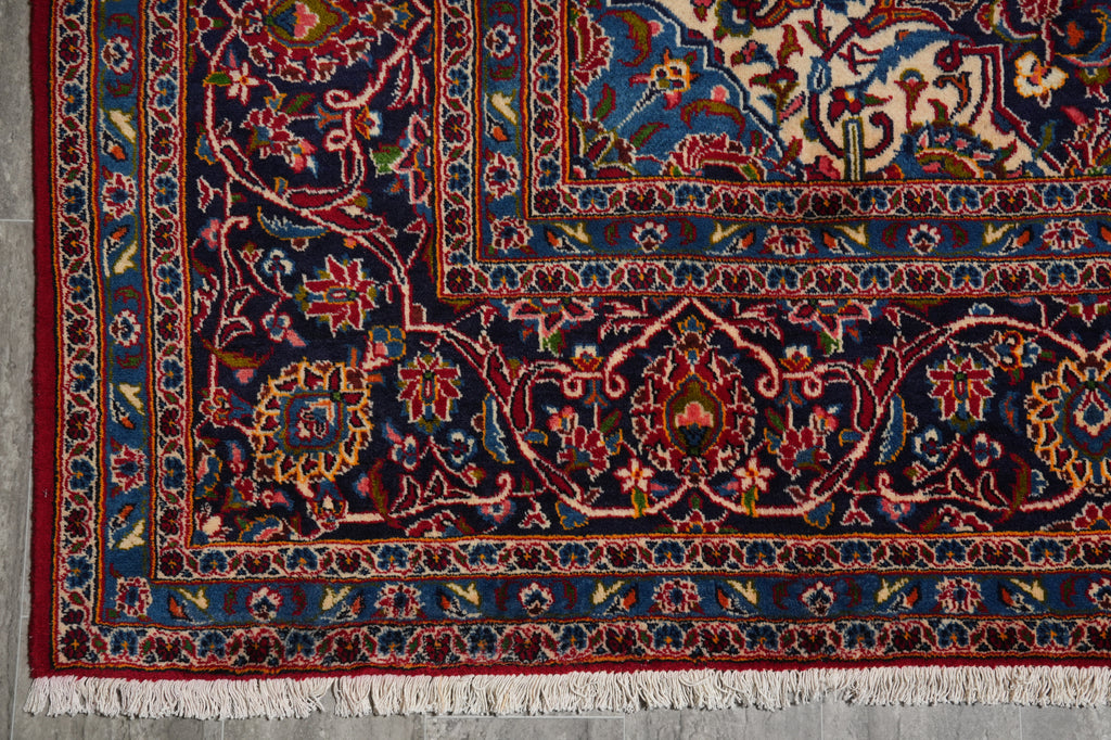 10 x 13 Persian Hand-Knotted Kashan Rug Red Blue Traditional #F-3116
