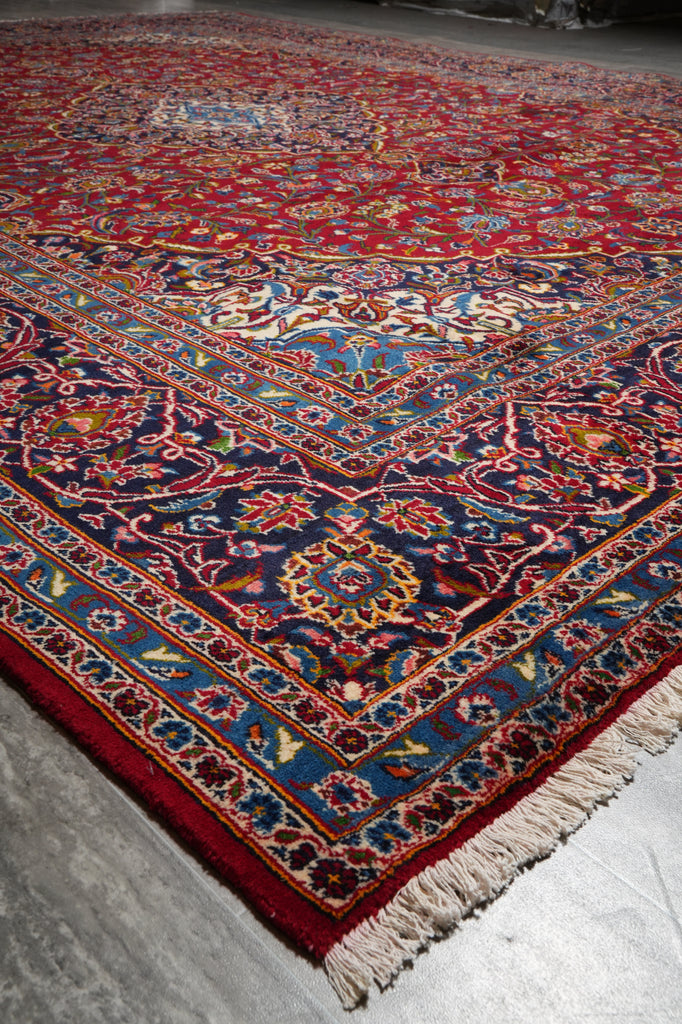 10 x 13 Persian Hand-Knotted Kashan Rug Red Blue Traditional #F-3116