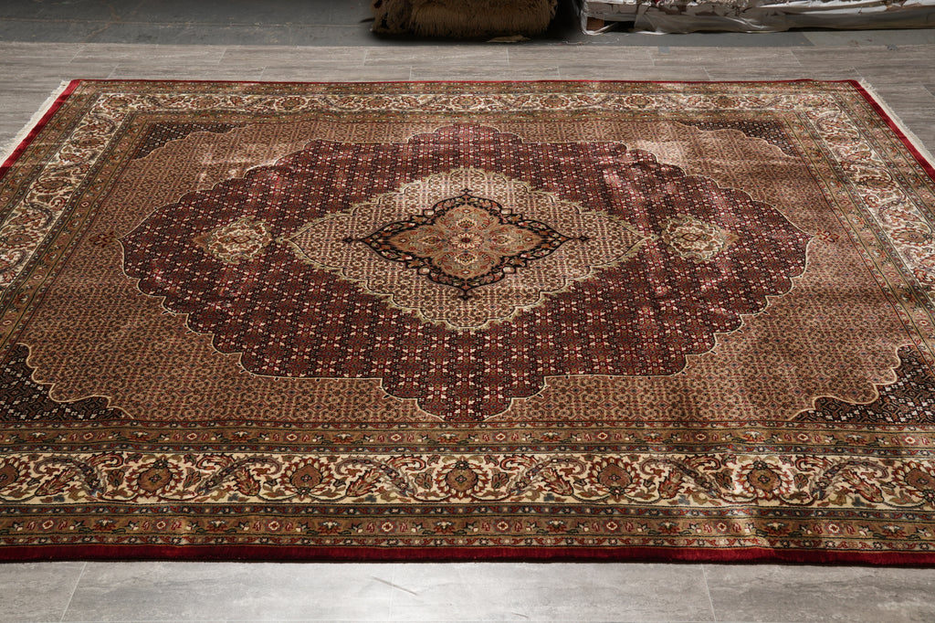 8.1 x 10.1 Ruby Burgundy Wool and Silk Tabriz Mahi High Quality Handmade Area Rug #F-4464