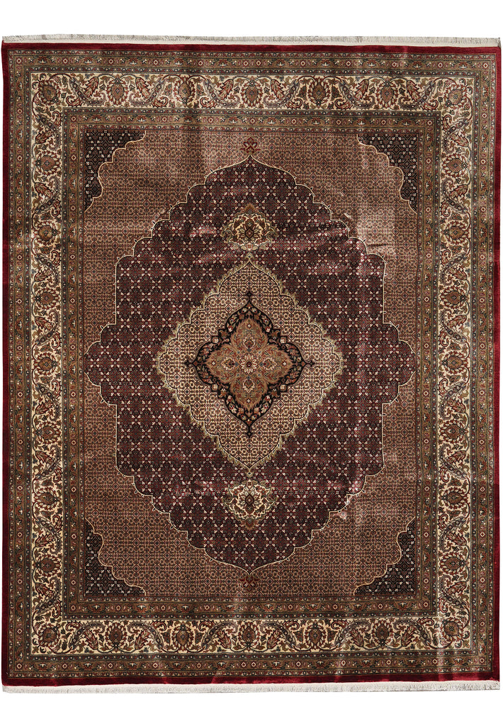 8.2 x 10 High Quality Wool and Silk Dense and Lustrous Handmade Tabriz Mahi Rug Ruby Burgundy #F-4465