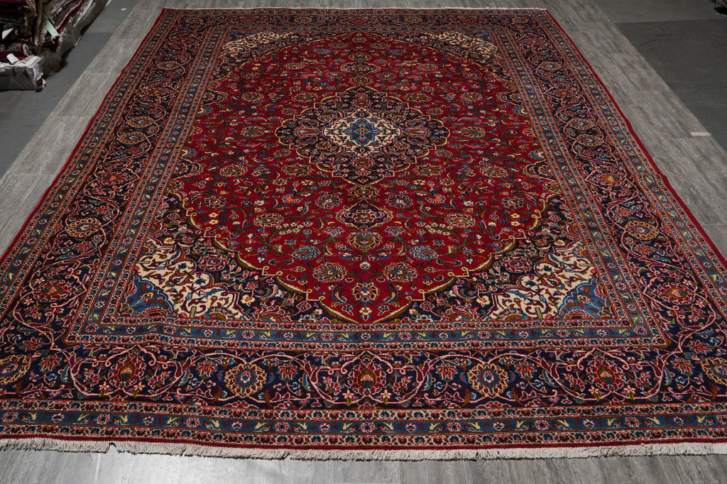 10 x 13 Persian Hand-Knotted Kashan Rug Red Blue Traditional #F-3116