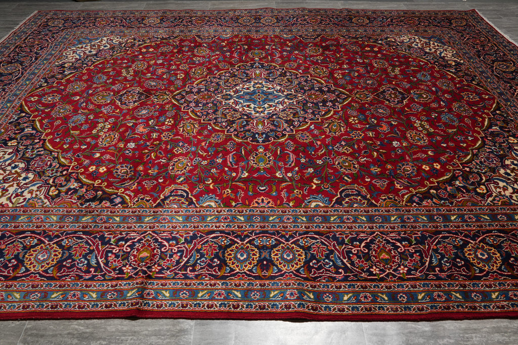 10 x 13 Persian Hand-Knotted Kashan Rug Red Blue Traditional #F-3116
